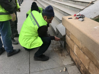 Bakıxanov küçəsi boyu parkda və səkilərdə cari təmir işləri aparılır