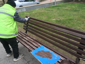 Bakıxanov küçəsi boyu parkda və səkilərdə cari təmir işləri aparılır