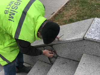 Bakıxanov küçəsi boyu parkda və səkilərdə cari təmir işləri aparılır