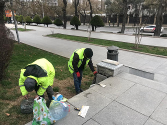 Bakıxanov küçəsi boyu parkda və səkilərdə cari təmir işləri aparılır