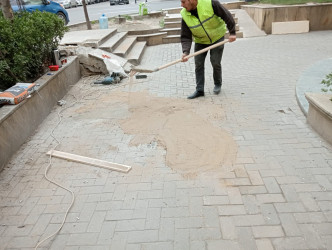 Bakıxanov küçəsi boyu parkda və səkilərdə cari təmir işləri aparılır