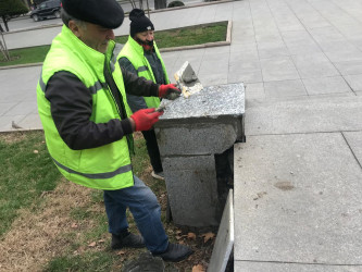 Bakıxanov küçəsi boyu parkda və səkilərdə cari təmir işləri aparılır